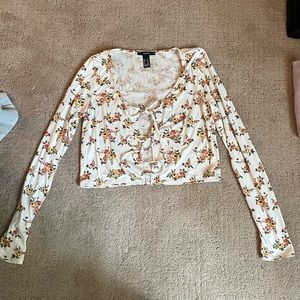 Forever 21 crop top with tie front, size medium, yellow and pink flowers